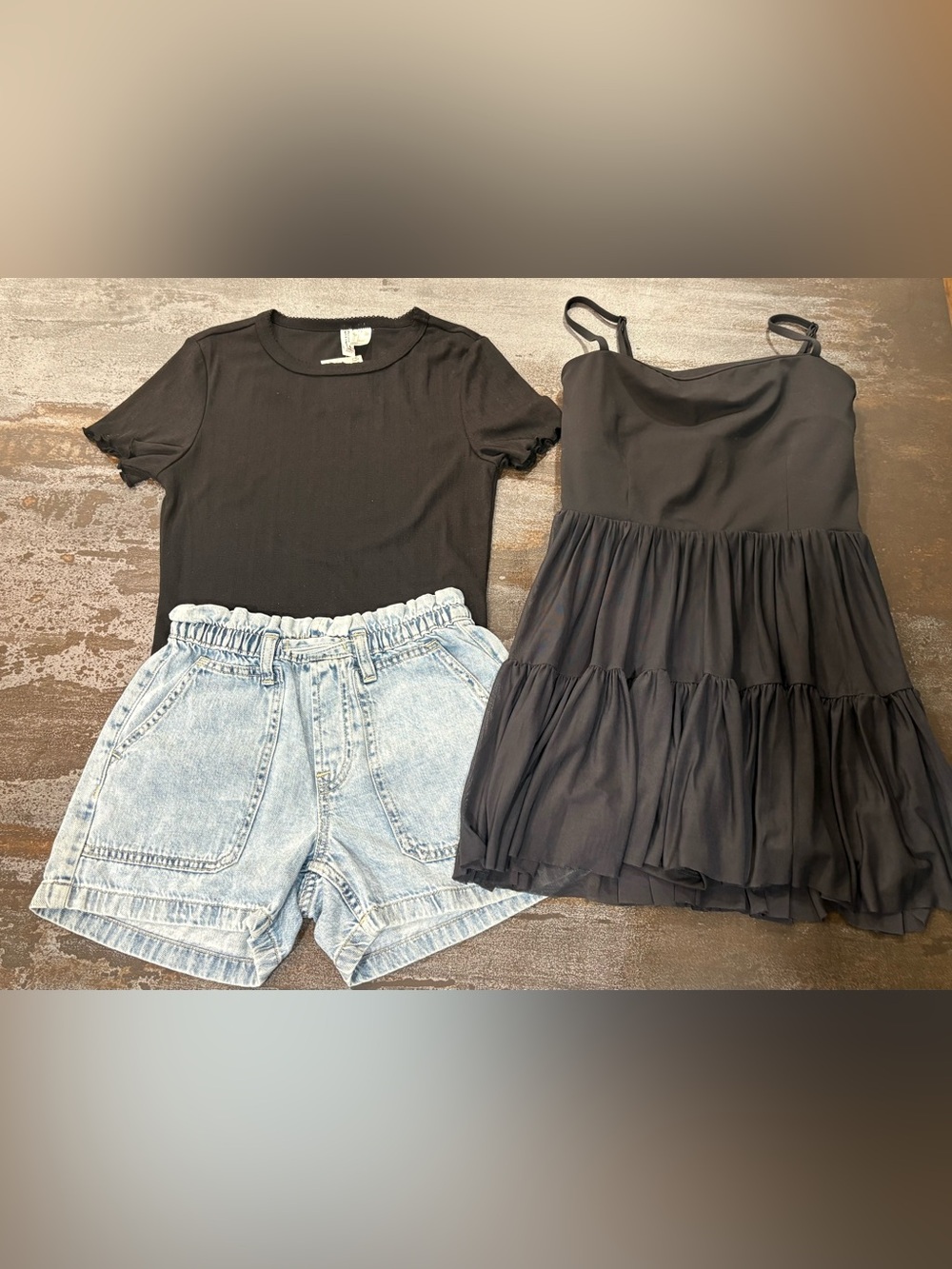Jr’s Paperbag Jean Shorts, Black Tiered Athletic Dress and NWT H&M Black SS Top
